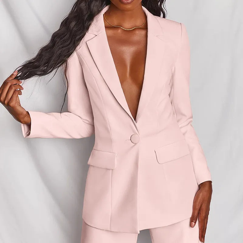 Two Piece High Waist Straight Pants And Single Button Blazer Top