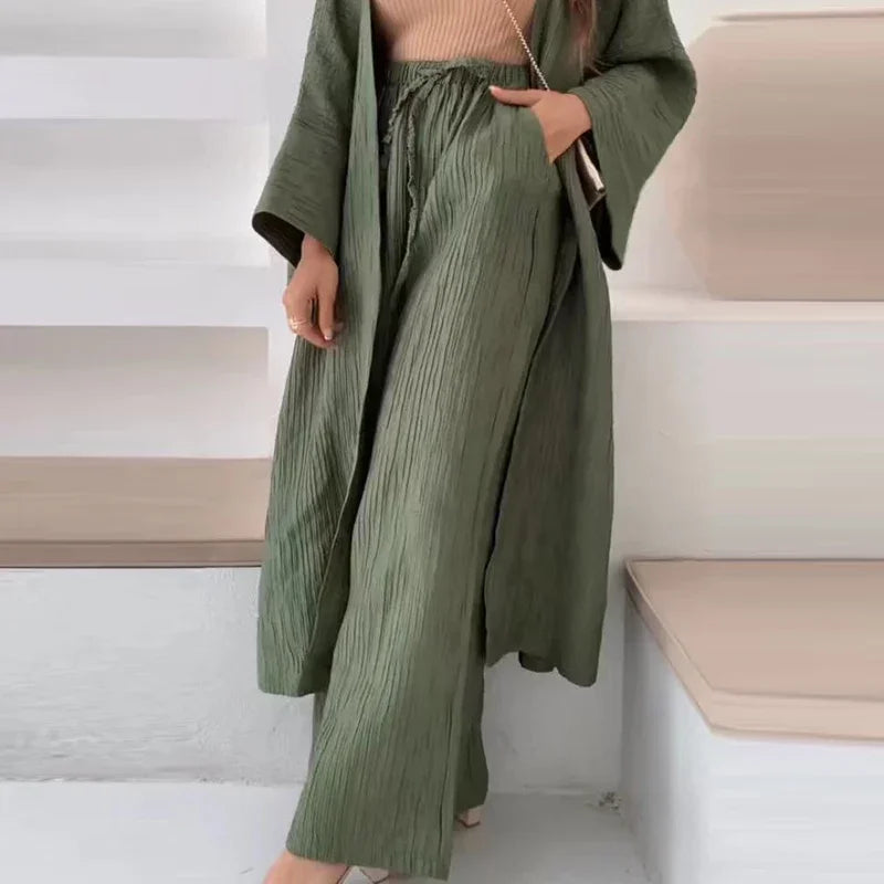 Pleated Texture Blouse And Straight Leg Pants Two-Piece Set