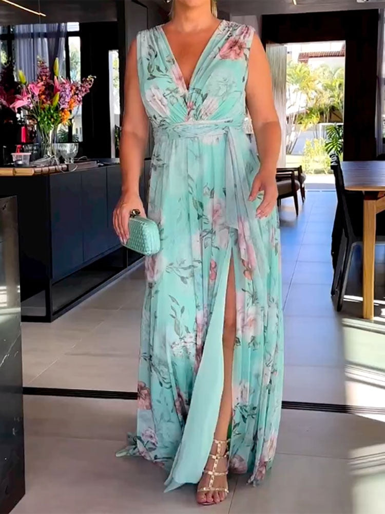 Sleeveless Floral Print Deep V Maxi Dress