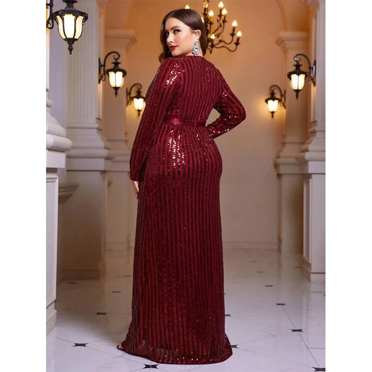 V-Neck Striped Sequined Long-Sleeved Slit Evening Dress