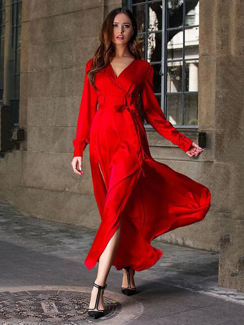 Hem Split Long Sleeves Deep V Neck Maxi Dress