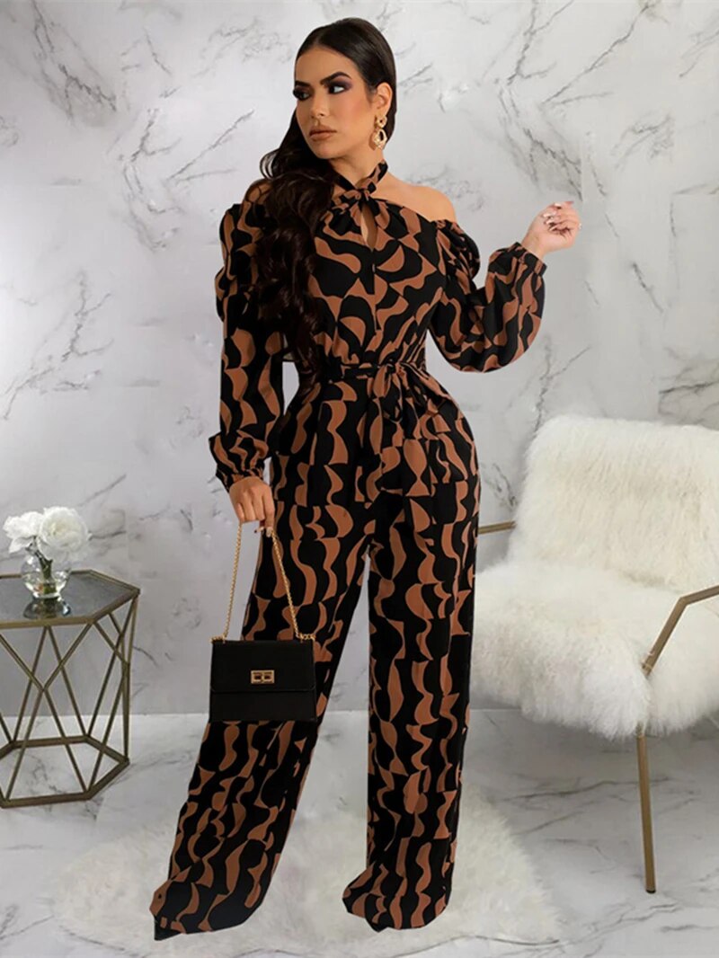 Print Off Shoulder Halter Neck Full Sleeve Jumpsuit