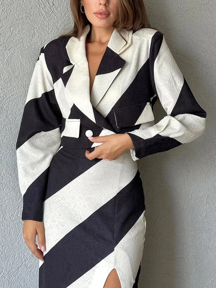 Vintage Lapel Striped Short Blazer Top And High Waist Skirt Two Piece Set