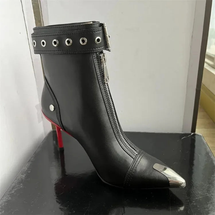 Belt Buckle Front Zipper Short Pointed Toe High Heels Ankle Boots