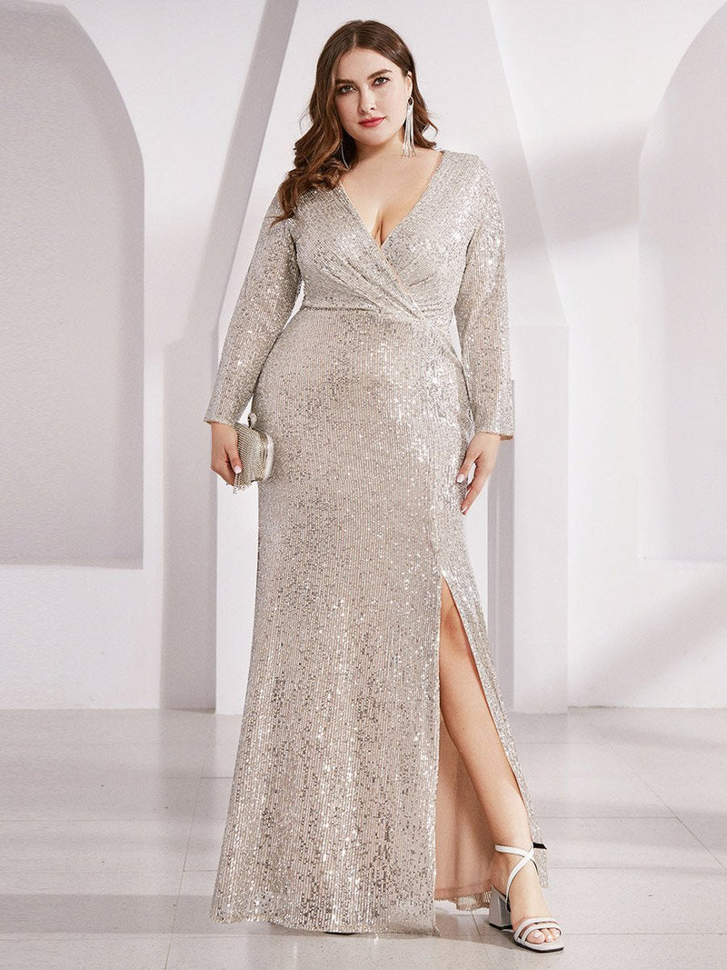 V-Neck Sequin Floor-Length Dress