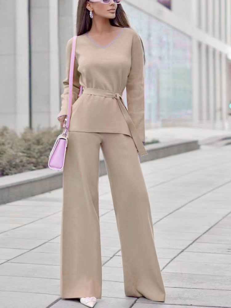 Knitted Sweater with Belt and Wide Leg Pants V-neck Two Piece Set