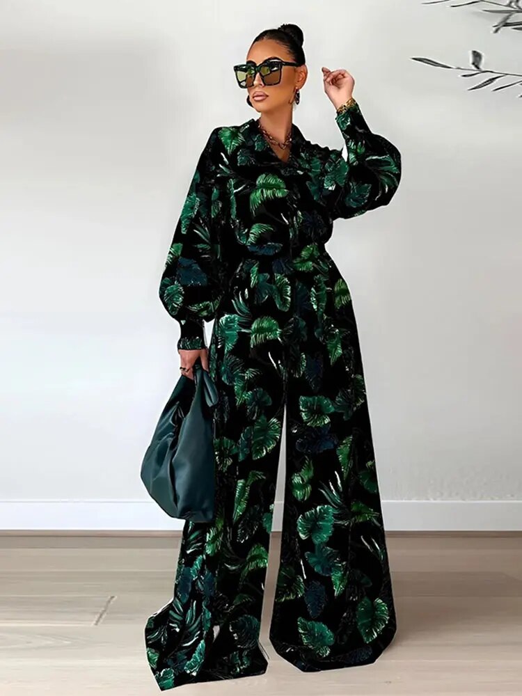 Leaf Print Elastic Waist Wide-leg Pants Casual Two Piece Sets