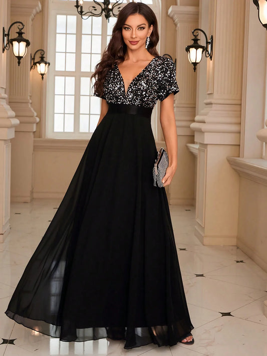 Elegant Contrast Sequin Chiffon Formal Dress