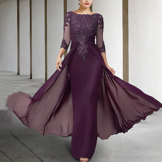 Long Elegant Chiffon Appliques Jewel Neck Floor Length Dress