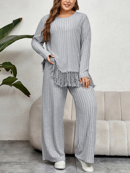 Two-Piece Irregular Fringe Long Sleeve Top And Loose Wide Leg Pants Suit