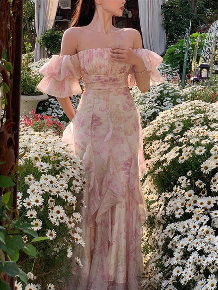 Off-Shoulder Vintage Floral Dress