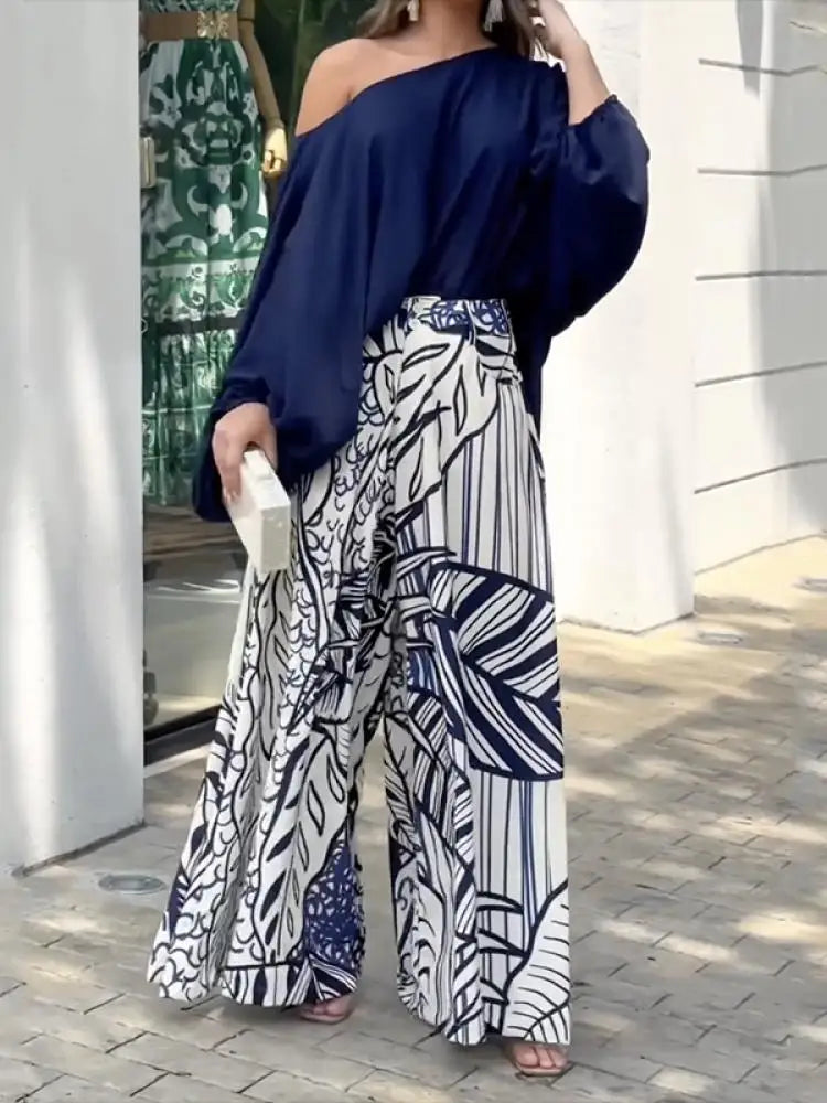 Off-shoulder Top and Printed Wide Leg Two Piece Pants Set