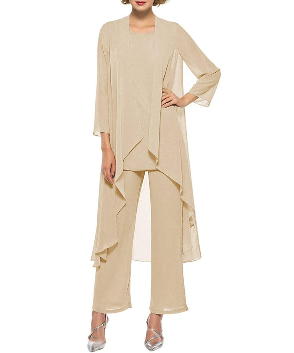 Chiffon Pleated Three Piece Blazer Blouse and Pants Dress Suit