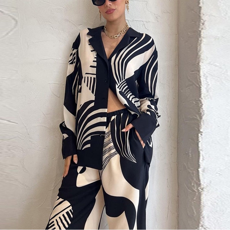 Print Two Piece Single Breasted Blouse Top And Wide Leg Pants Set