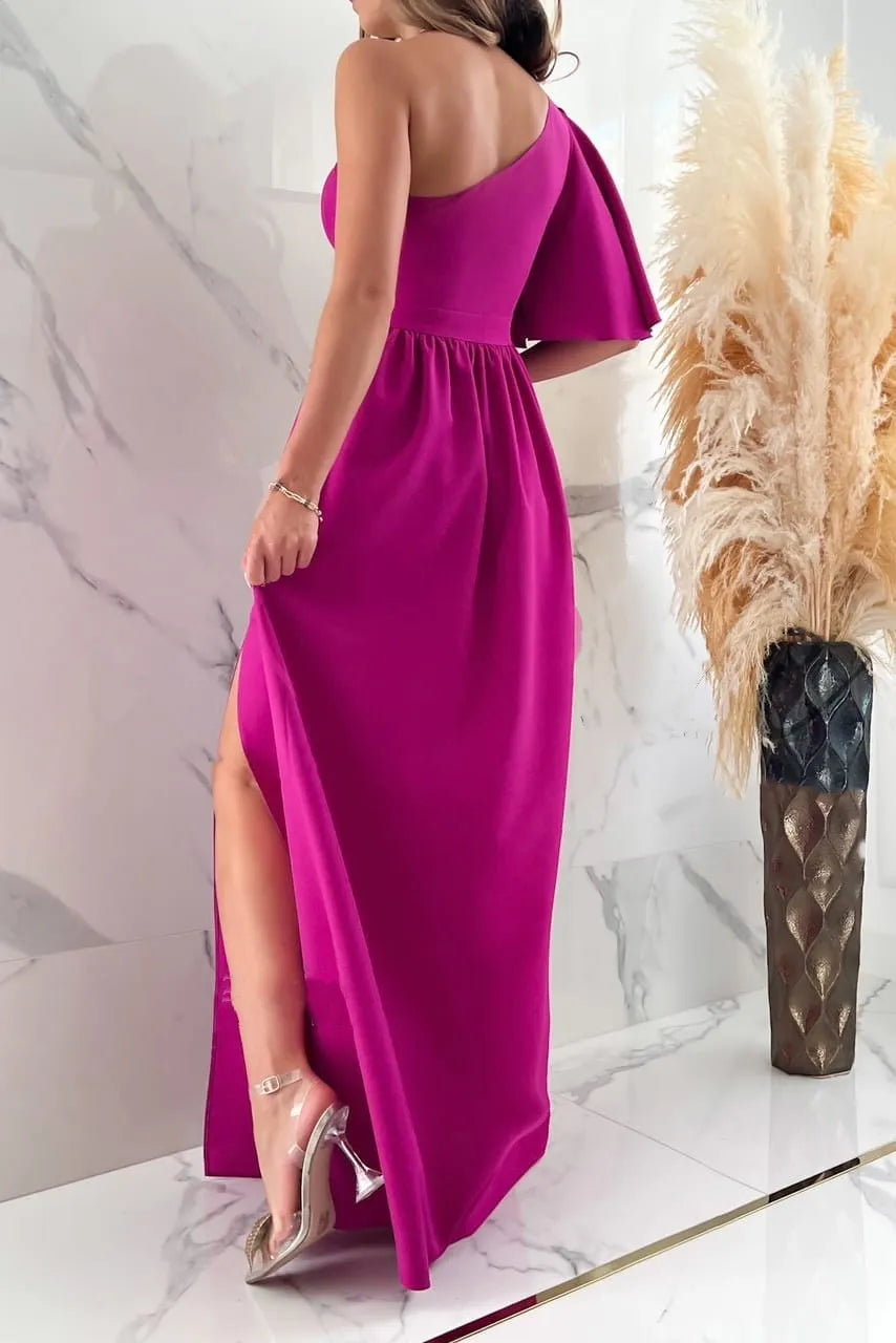 Evening Ruffle Slanted Shoulder Hem Slit Dress