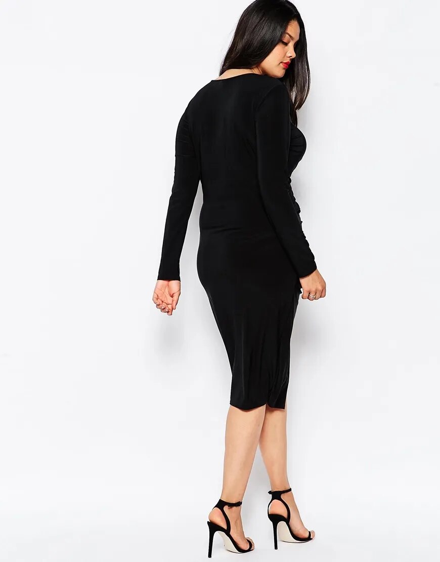 Elegant Sheath Ruched V-neck Knit Midi Dress