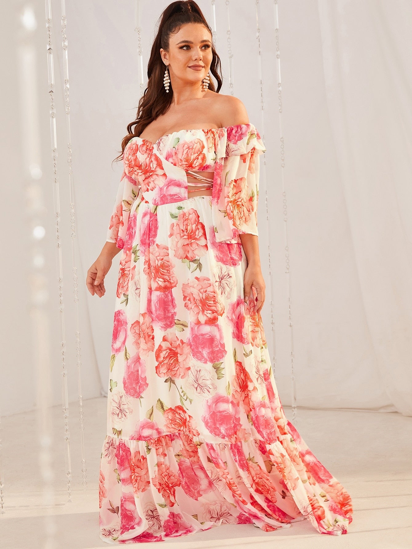 Print Off Shoulder Ruffle Hem Chiffon Maxi Dress