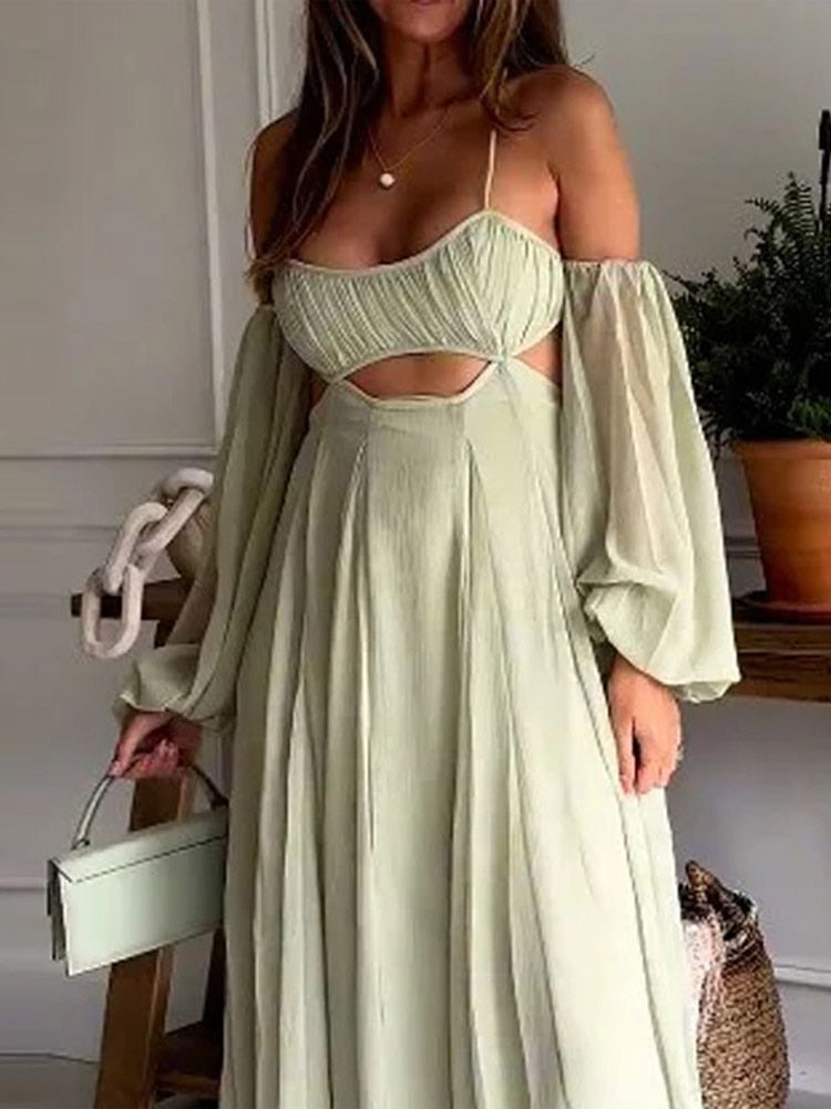 Elegant Long Sleeves A-line Robe Hollow Maxi Dress