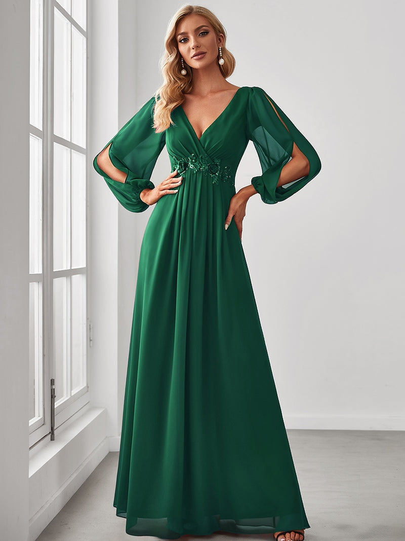 Slit Lantern Sleeve V-Neck A-Line Floor-Length Dress
