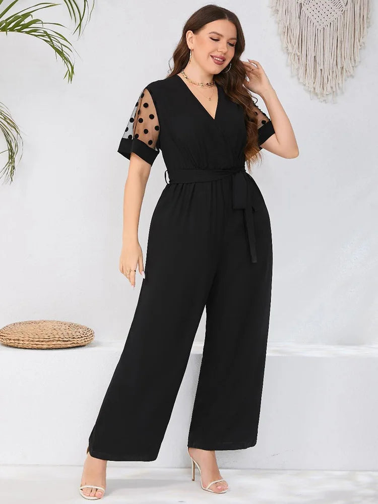 Mesh Sleeve Belted V-neck High Waist Jumpsuit