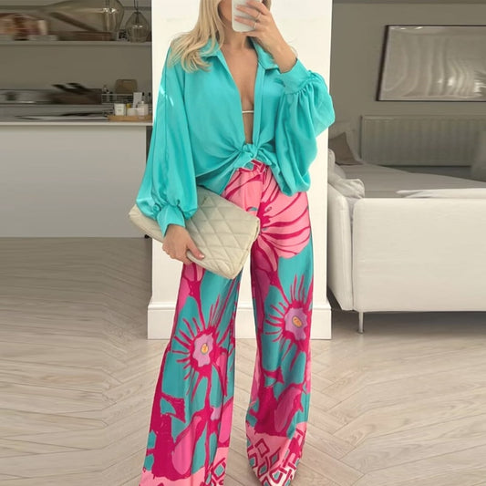 Flower Printed High Waist Wide Leg Pants