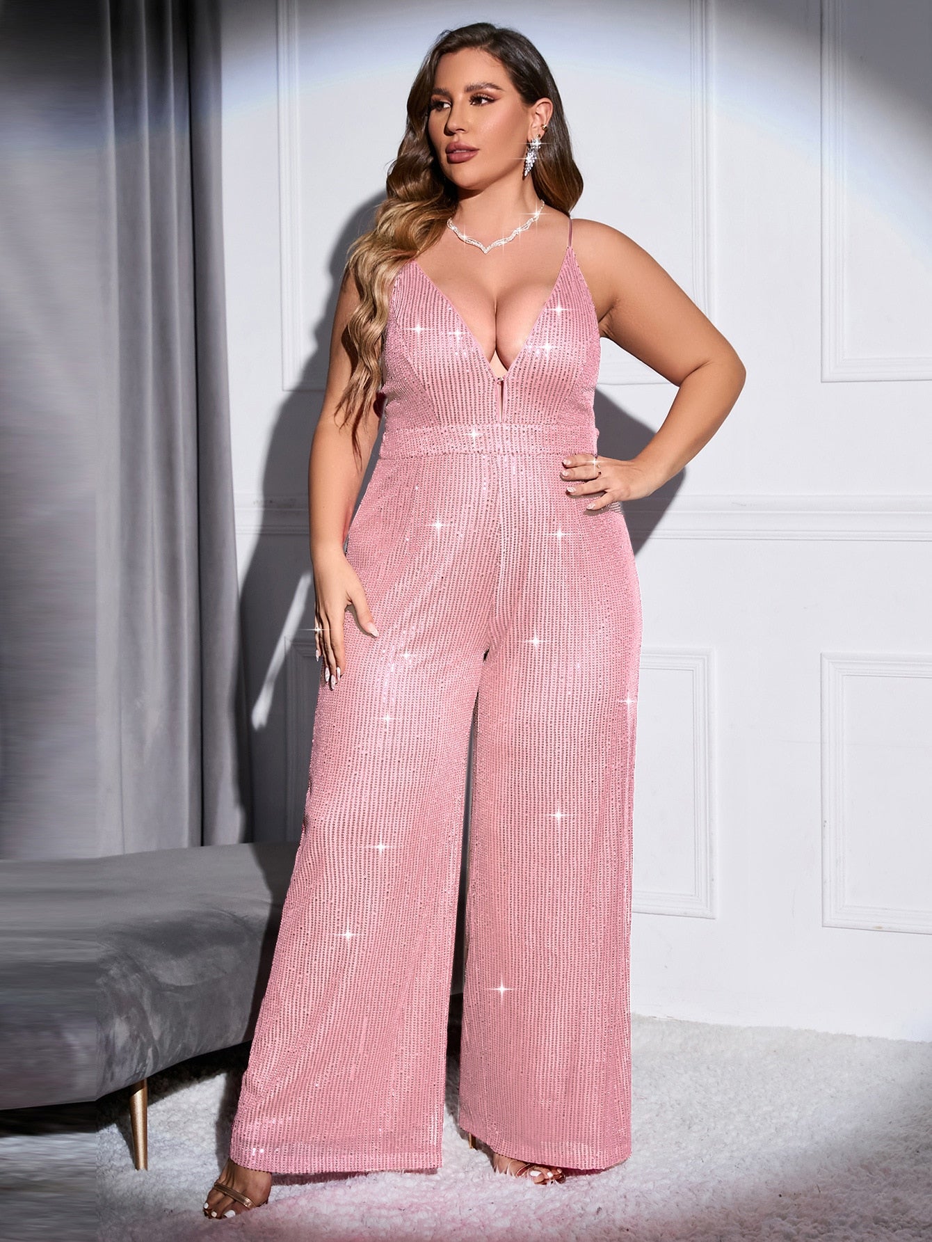 Sequin Deep V Neck Wide Open Back Jumpsuit