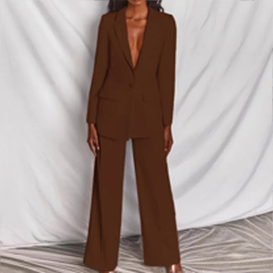 Two Piece High Waist Straight Pants And Single Button Blazer Top