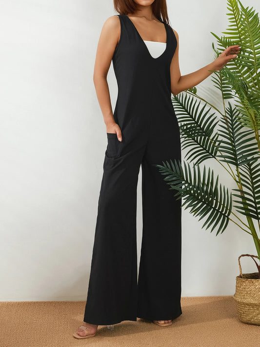 Deep V Neck Wide Leg Jumpsuit with Pockets