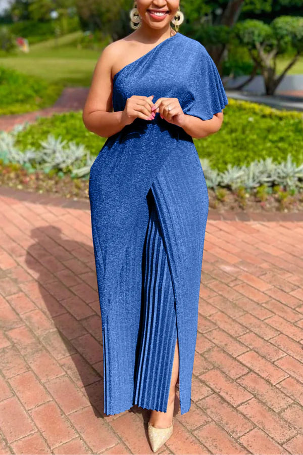 Elegant Pleated One Shoulder Wide Leg Pants Jumpsuit