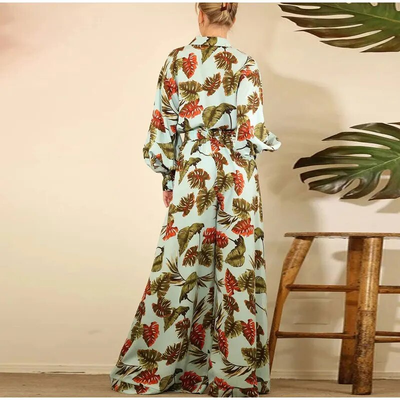 Leaf Print Elastic Waist Wide-leg Pants Casual Two Piece Sets