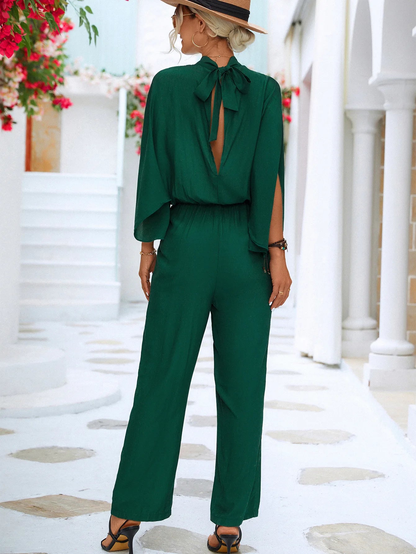 Elegant Casual Long Sleeve Elastic Waist Loose Wide Legs Pant Jumpsuit