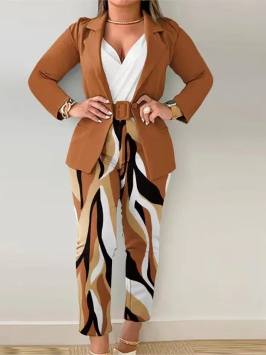 Long Sleeve Suit Jacket And Printed Trouser Pants Two Piece Set