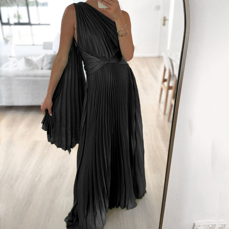 Off Shoulder Banquet Oblique Collar Pleated Maxi Dress