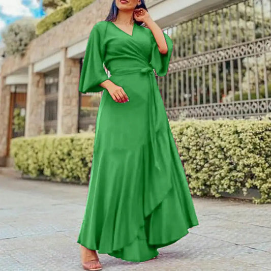 Satin Belted Ruffled Maxi V Neck Dress