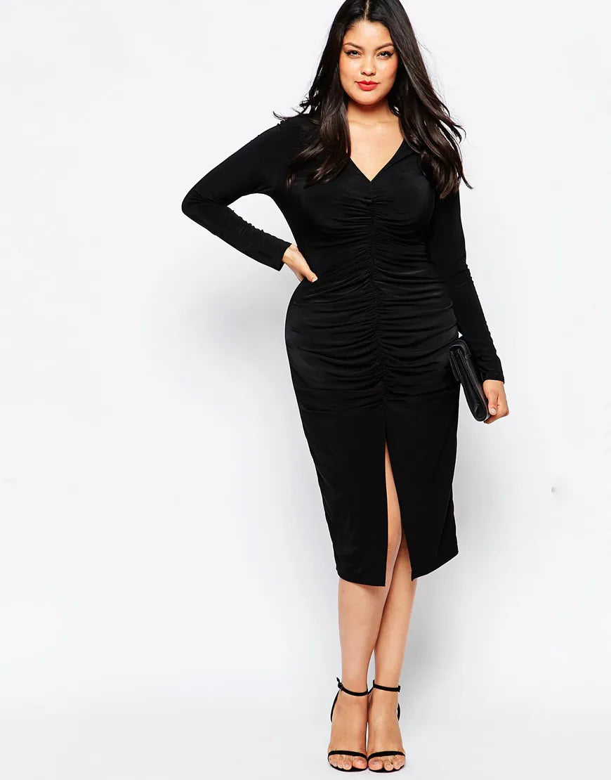 Elegant Sheath Ruched V-neck Knit Midi Dress