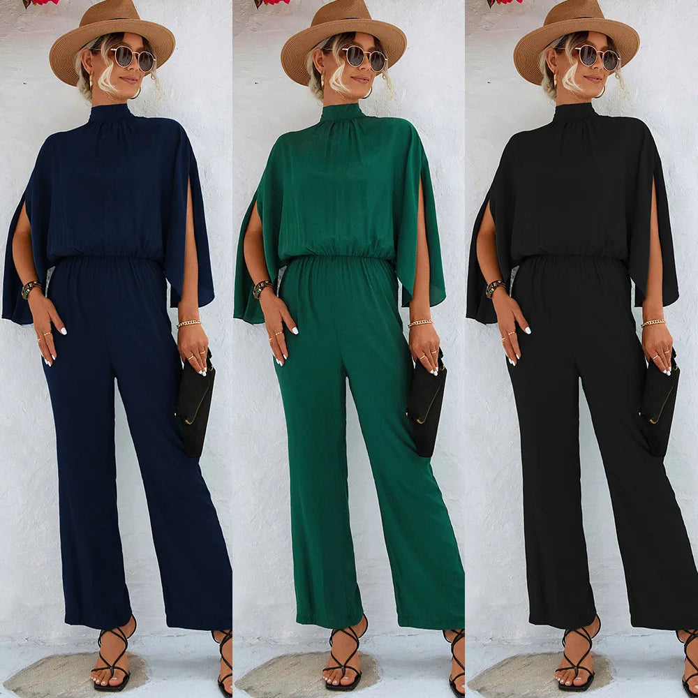 Elegant Casual Long Sleeve Elastic Waist Loose Wide Legs Pant Jumpsuit