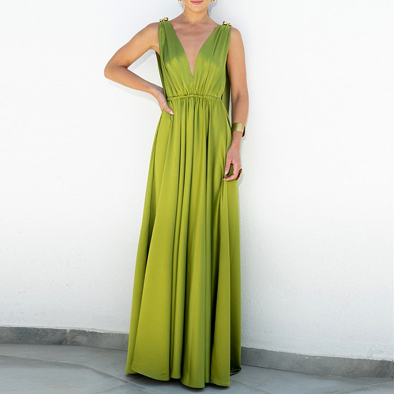 V-Neck Backless Maxi Retro Sleeveless Pleat Maxi Dress