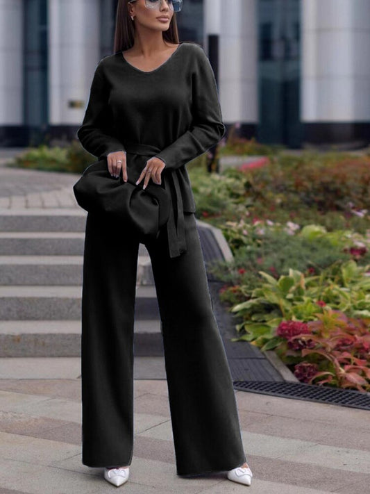 Knitted Sweater with Belt and Wide Leg Pants V-neck Two Piece Set