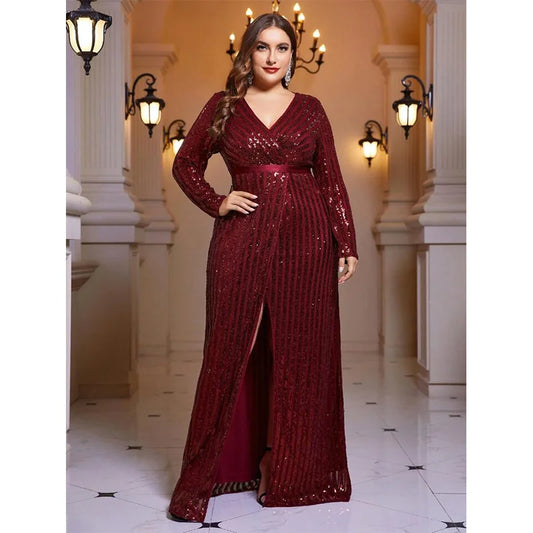 V-Neck Striped Sequined Long-Sleeved Slit Evening Dress