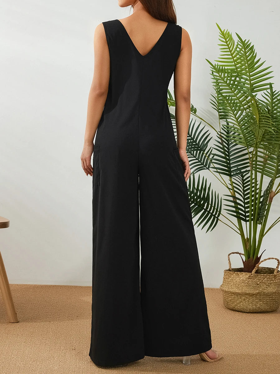 Deep V Neck Wide Leg Jumpsuit with Pockets