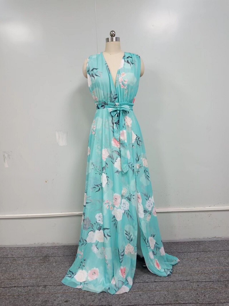 Sleeveless Floral Print Deep V Maxi Dress