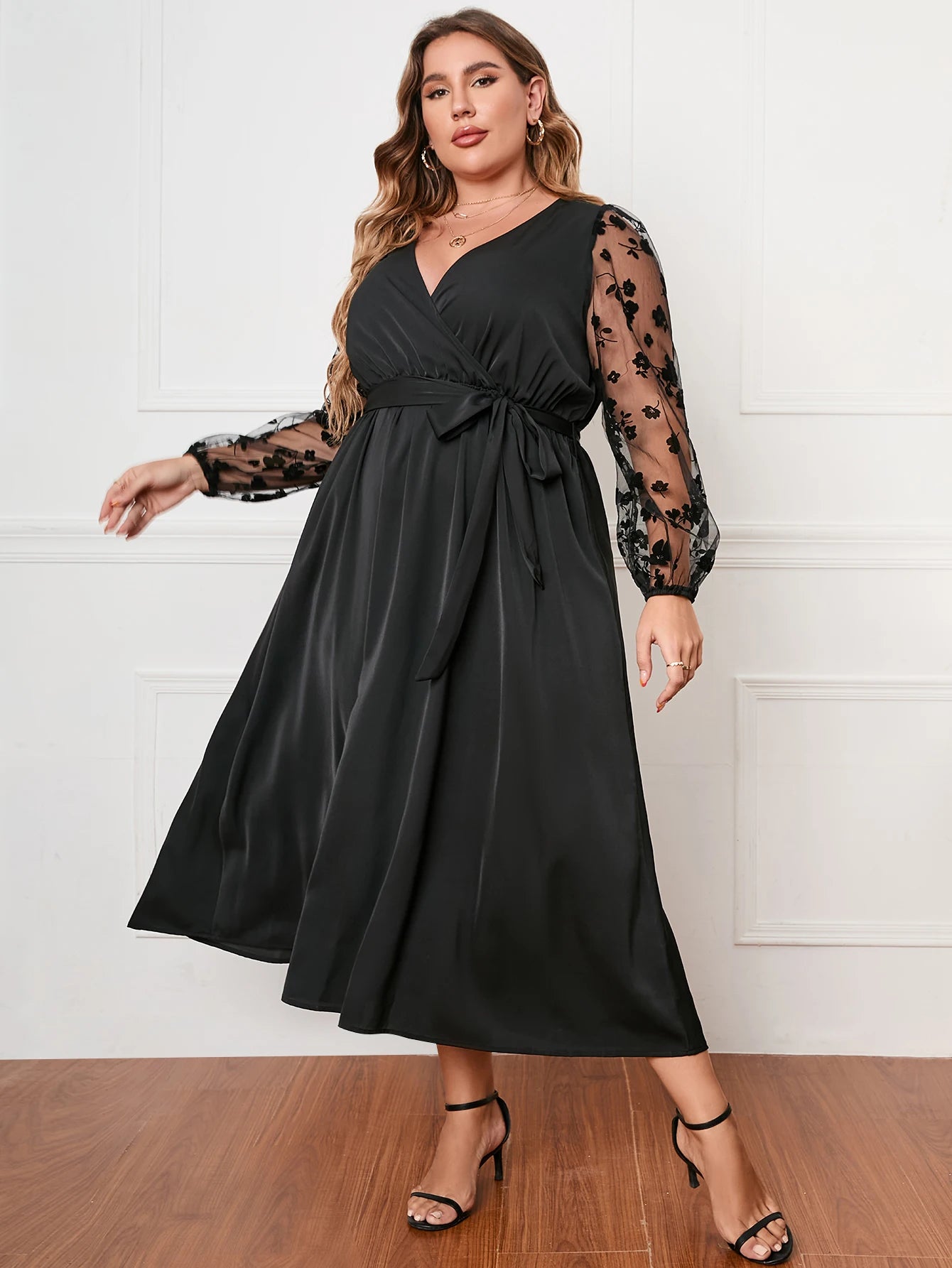 Deep V Lace Long Sleeve Tie Waist Dress