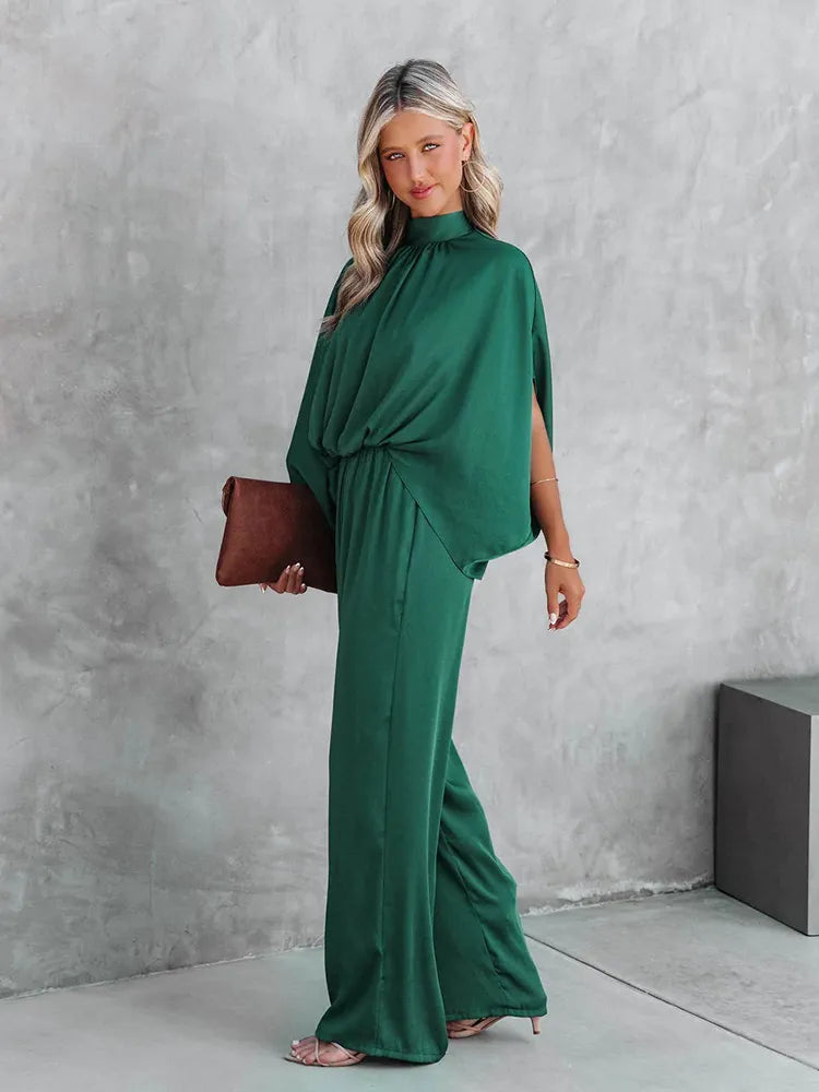 Elegant Casual Long Sleeve Elastic Waist Loose Wide Legs Pant Jumpsuit