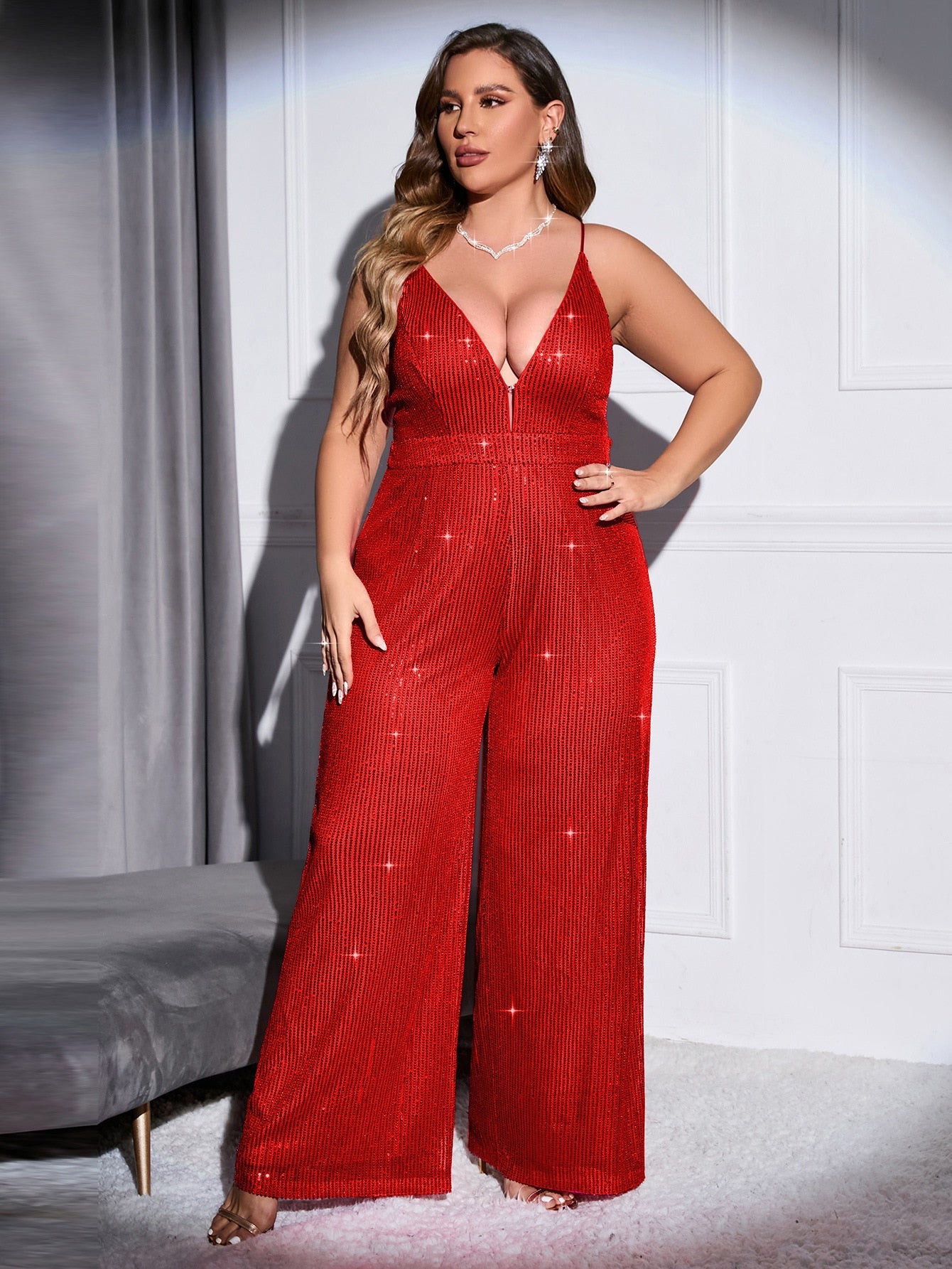 Sequin Deep V Neck Wide Open Back Jumpsuit