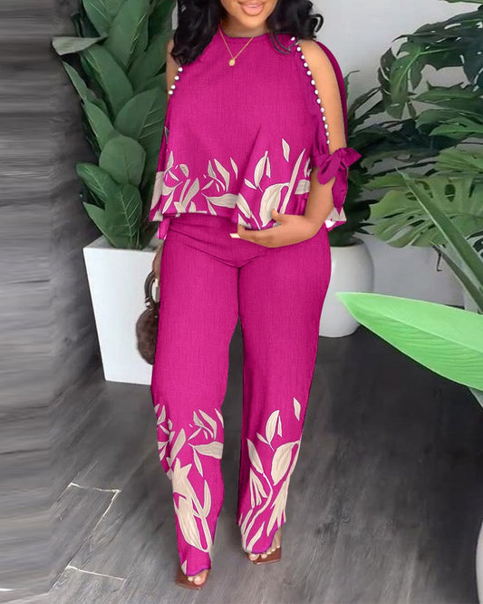 Print Beaded Casual Two Piece Hollow Out Sleeve Top And Straight Leg Pants Suit