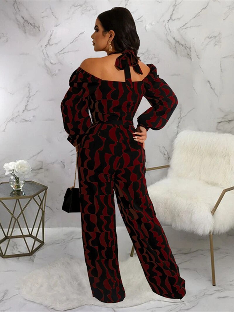 Print Off Shoulder Halter Neck Full Sleeve Jumpsuit