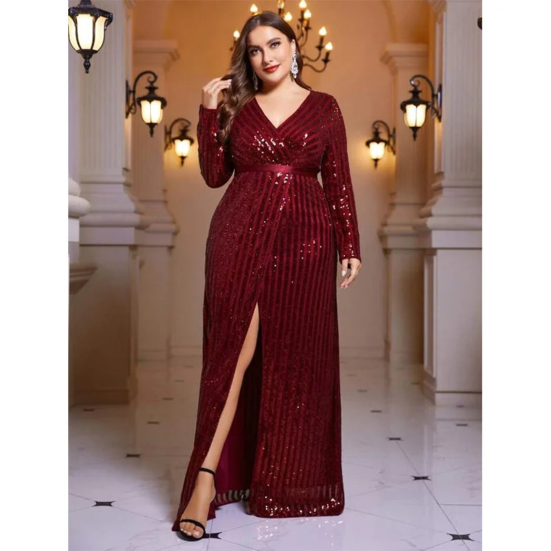 V-Neck Striped Sequined Long-Sleeved Slit Evening Dress