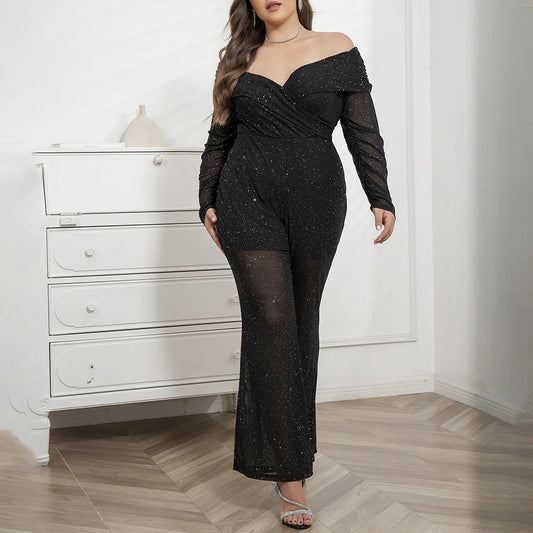 Off Shoulder Mesh Sequin Evening Jumpsuit