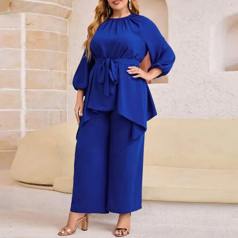 Asymmetrical Belted Blouse And Elastic Waist Wide Leg Pants Set