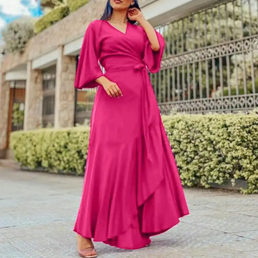 Satin Belted Ruffled Maxi V Neck Dress